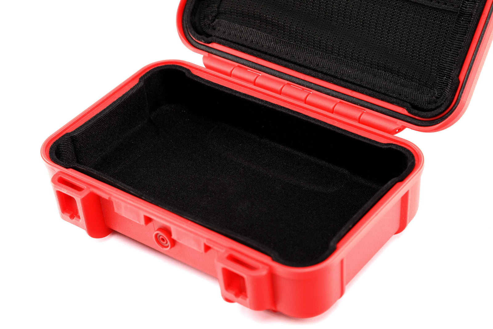 Red protective case with black interior on a white background