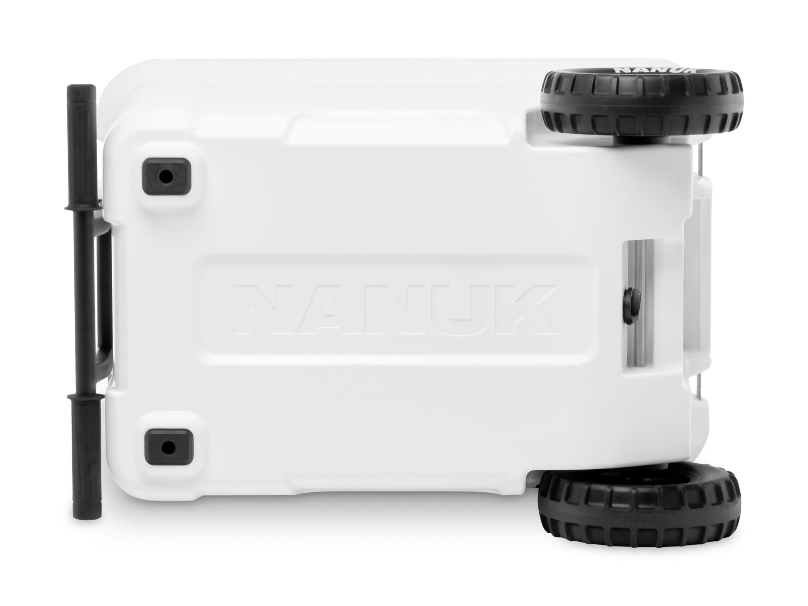 White cooler with black wheels and handles on a white background