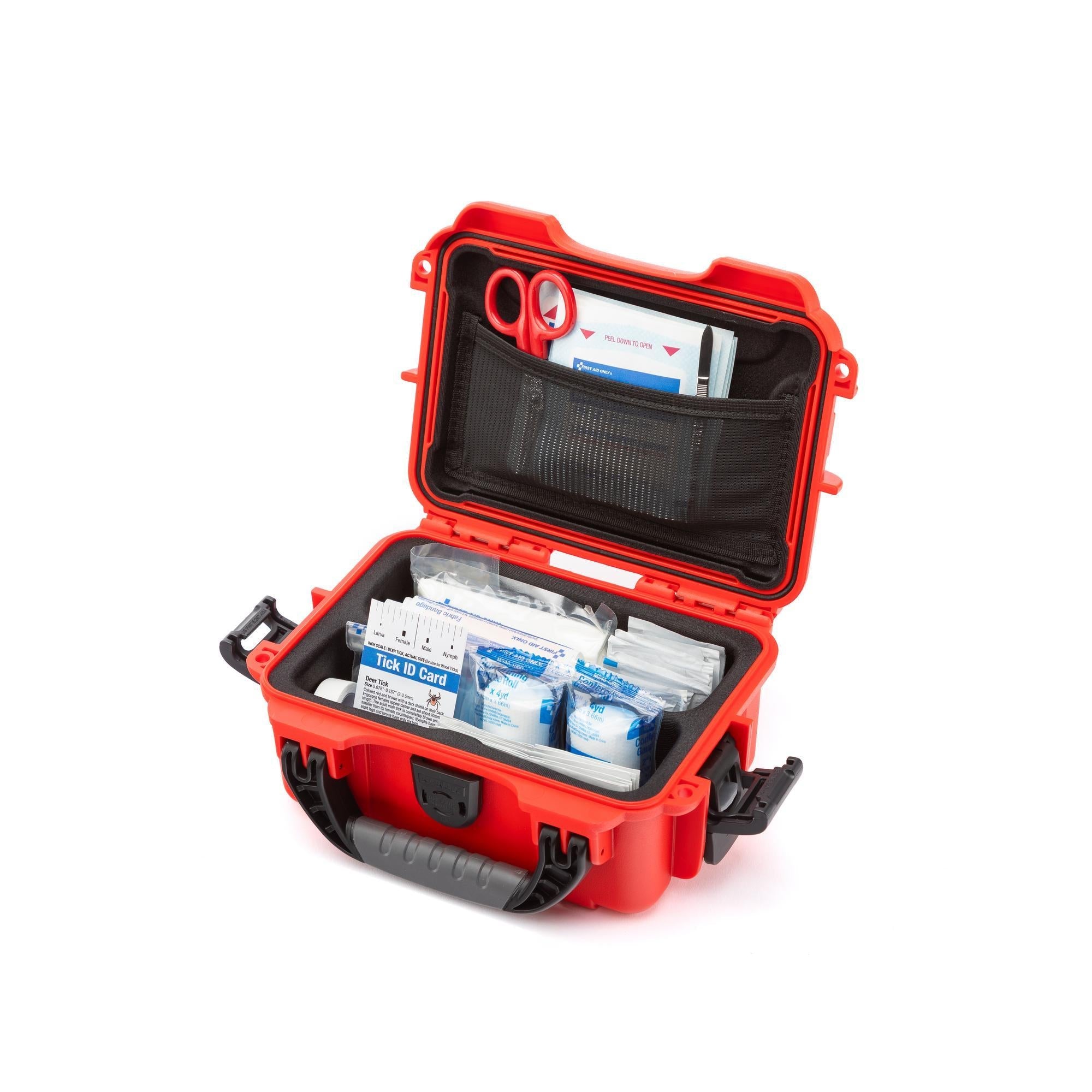 Red first aid kit with open lid on a white background