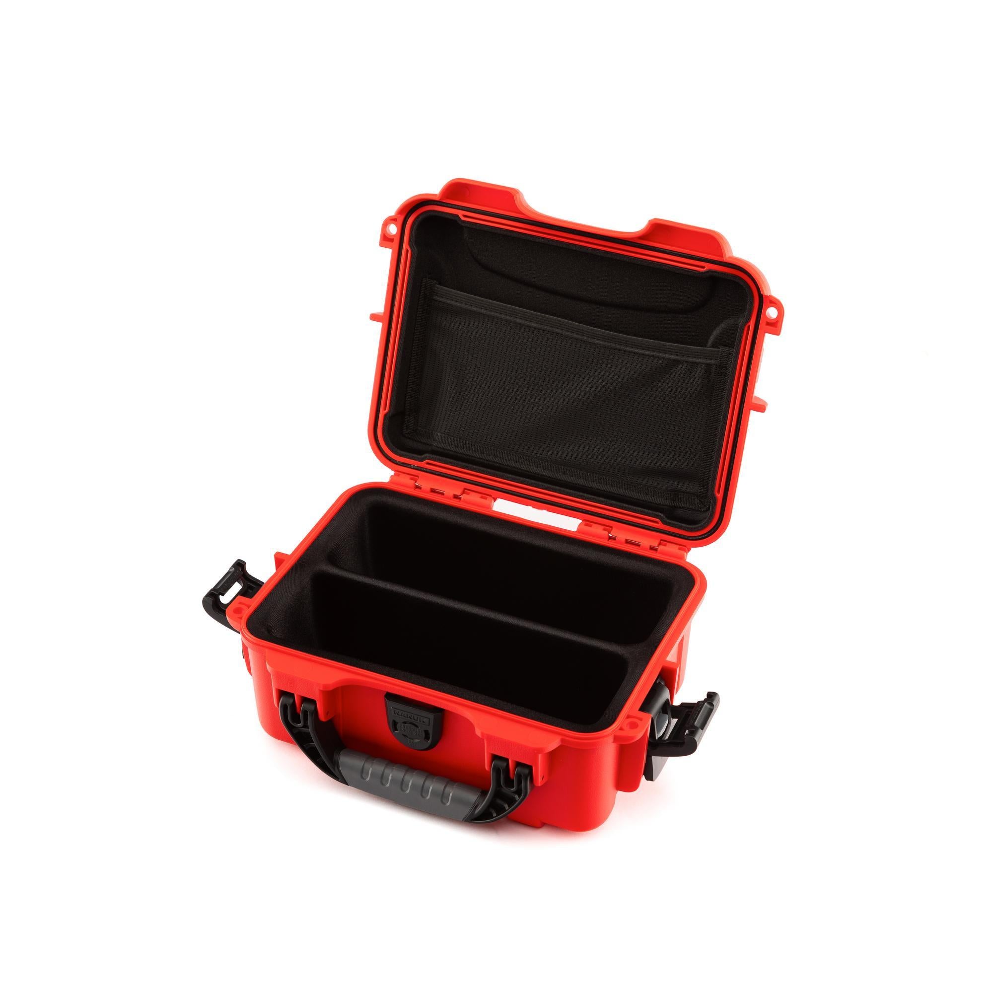 Red protective case with open lid on a white background Red protective case with open lid on a white background