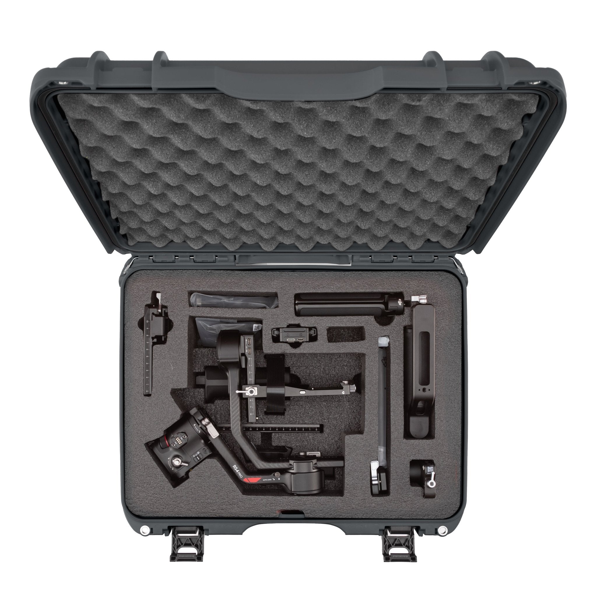 An open black hard carrying case with custom foam inserts, displaying a gimbal and several accessories neatly arranged inside, set against a plain white background. An open black hard carrying case with custom foam inserts, displaying a gimbal and several accessories neatly arranged inside, set against a plain white background.