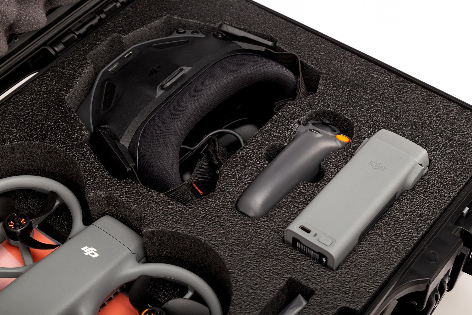 Black VR headset and controllers in a black carrying case