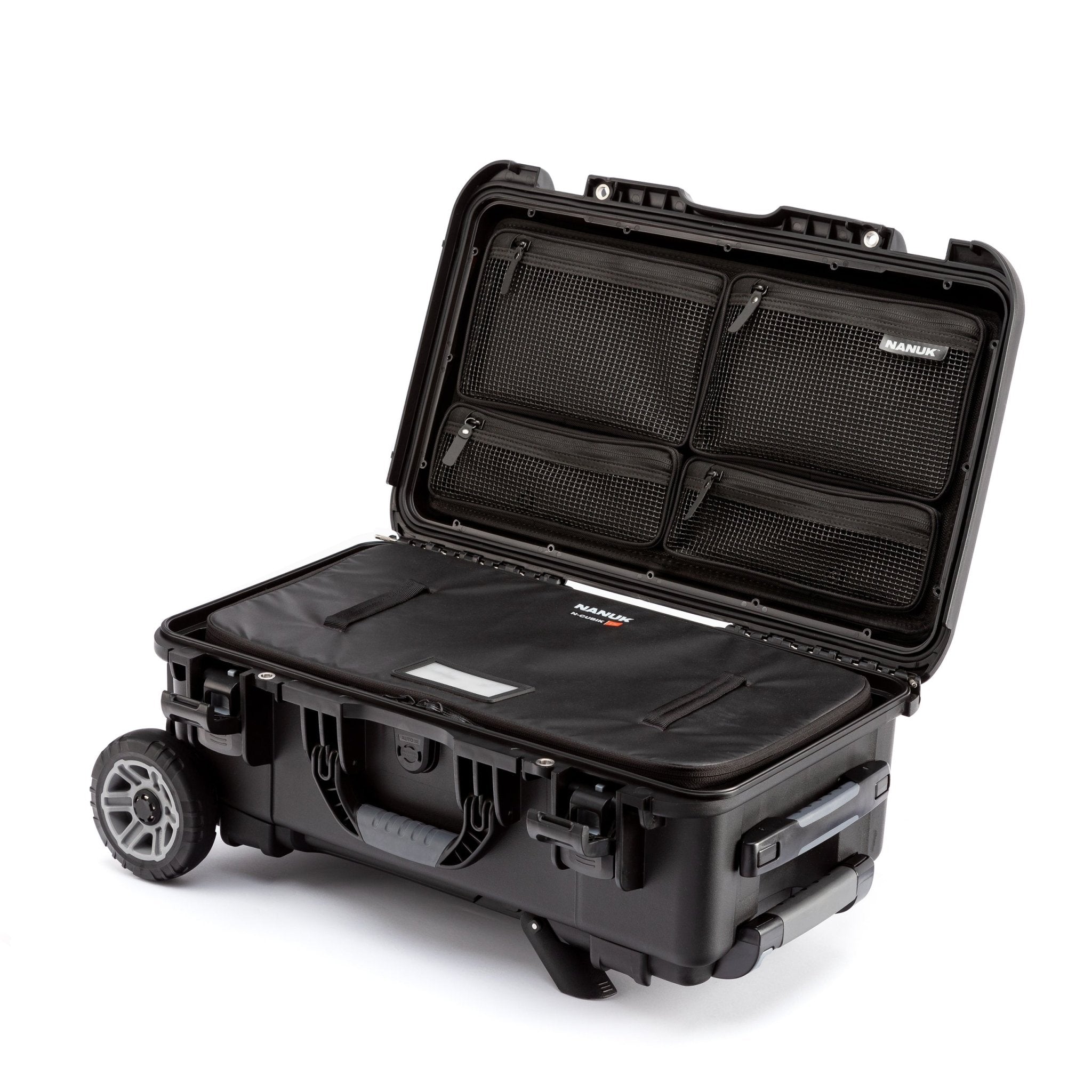 Black hard-shell suitcase with wheels on a white background Black hard-shell suitcase with wheels on a white background
