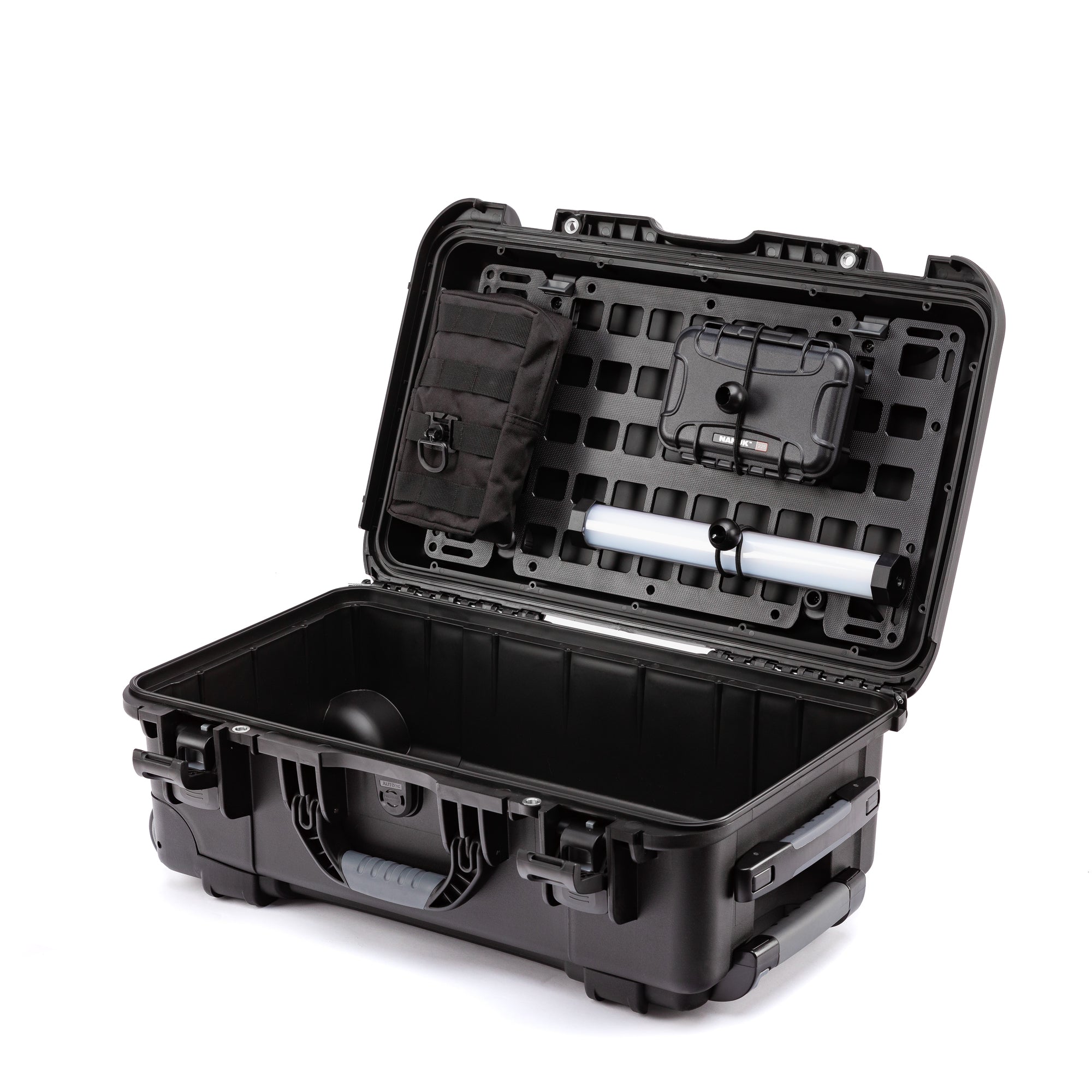 Nanuk 935 Molle System angle view installed in a Nanuk 935 case and Nanuk 225 case attached in the Lid. Nanuk 935 Molle System angle view installed in a Nanuk 935 case and Nanuk 225 case attached in the Lid.