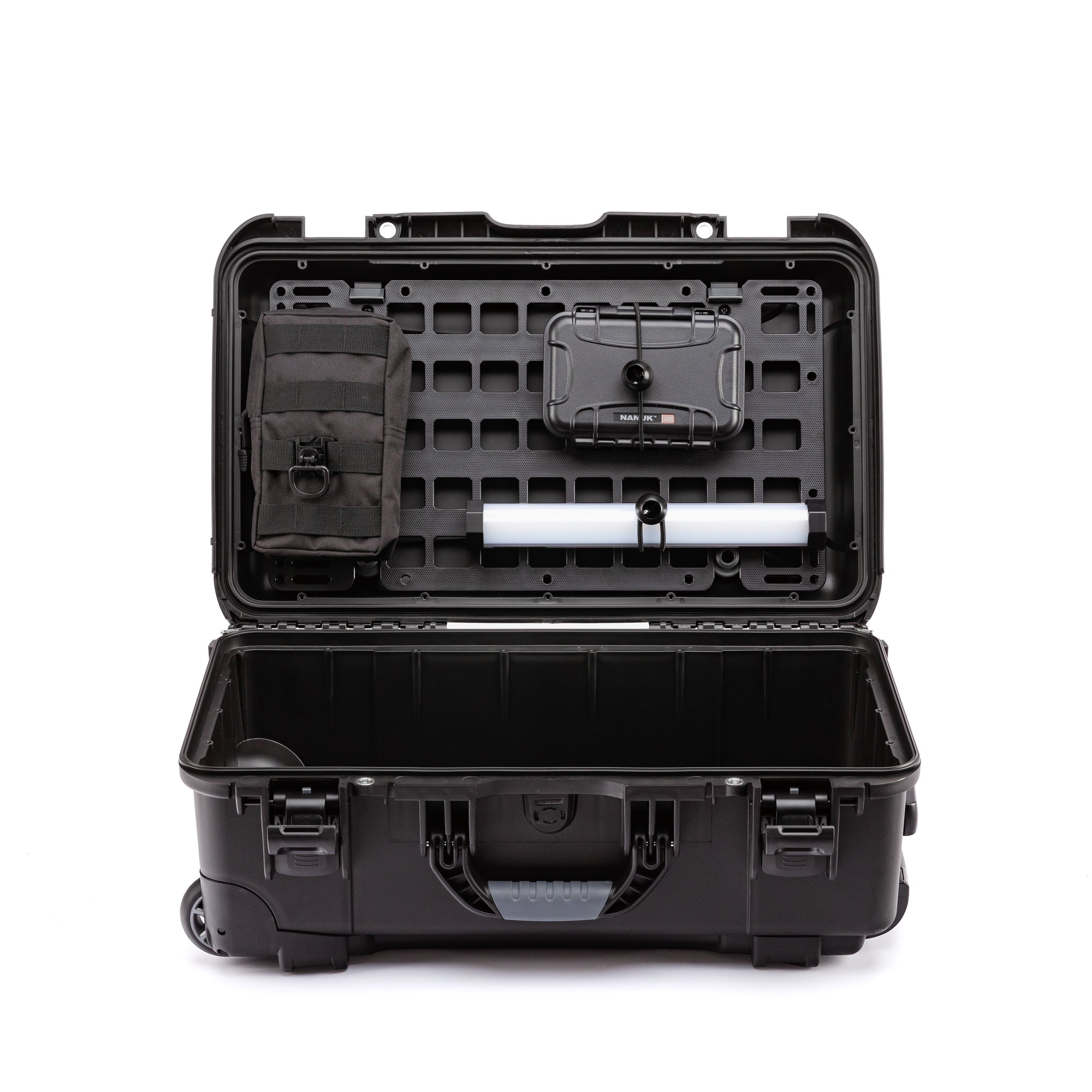 Nanuk 935 Molle System front view installed in a Nanuk 935 case and Nanuk 225 case attached in the Lid. Nanuk 935 Molle System front view installed in a Nanuk 935 case and Nanuk 225 case attached in the Lid.