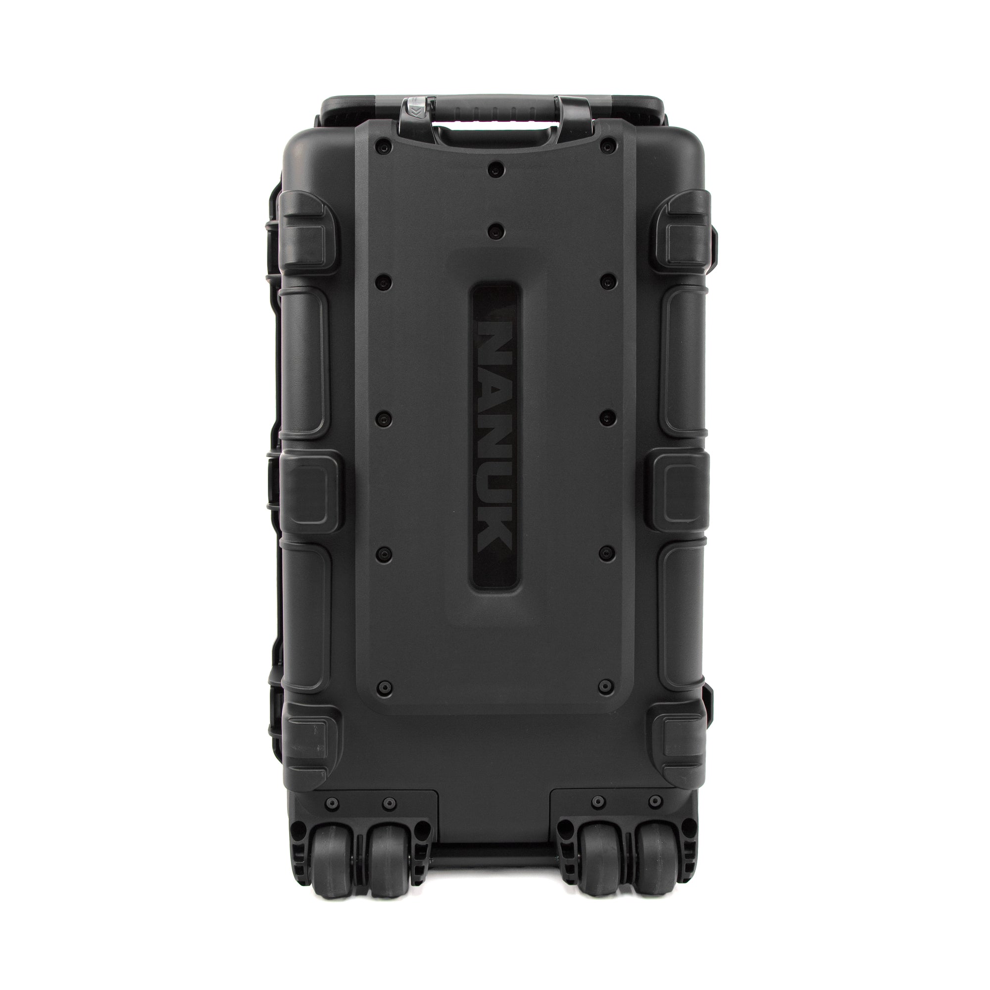 A black hard-shell rolling suitcase shown from the back, featuring a textured shell, side latches, and dual spinner wheels, with the brand name 'NANUK' embossed vertically on the center back panel. A black hard-shell rolling suitcase shown from the back, featuring a textured shell, side latches, and dual spinner wheels, with the brand name 'NANUK' embossed vertically on the center back panel.