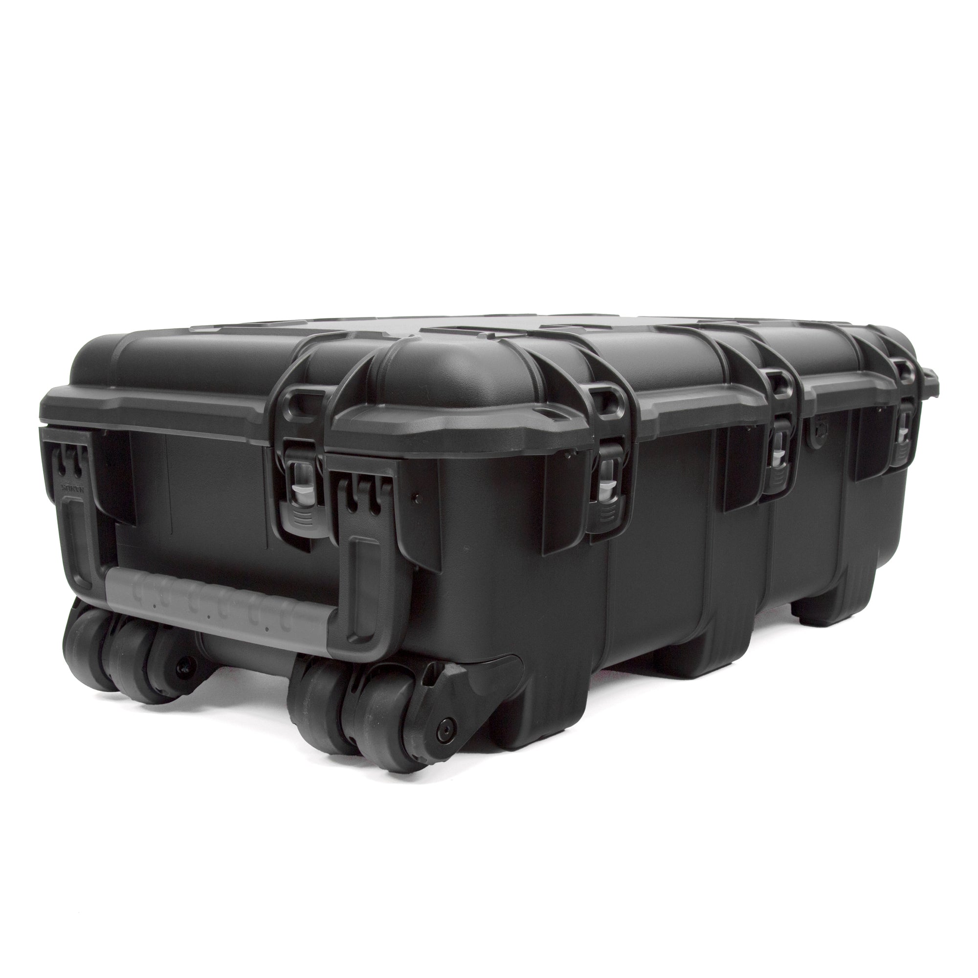 A heavy-duty black hard case with integrated wheels, latches, and a carrying handle, shown from a three-quarters angle on a white background. A heavy-duty black hard case with integrated wheels, latches, and a carrying handle, shown from a three-quarters angle on a white background.