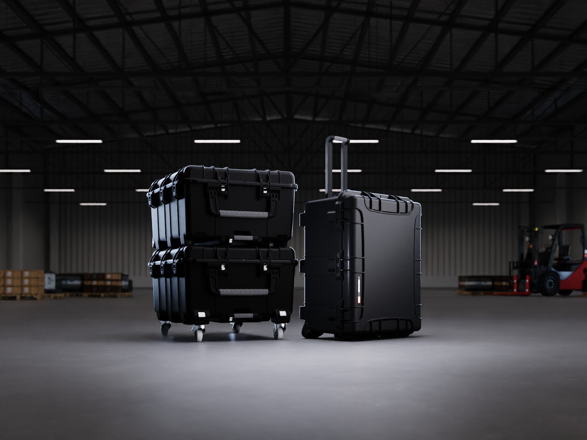 3 NANUK 976 in different position posing in a Warehouse