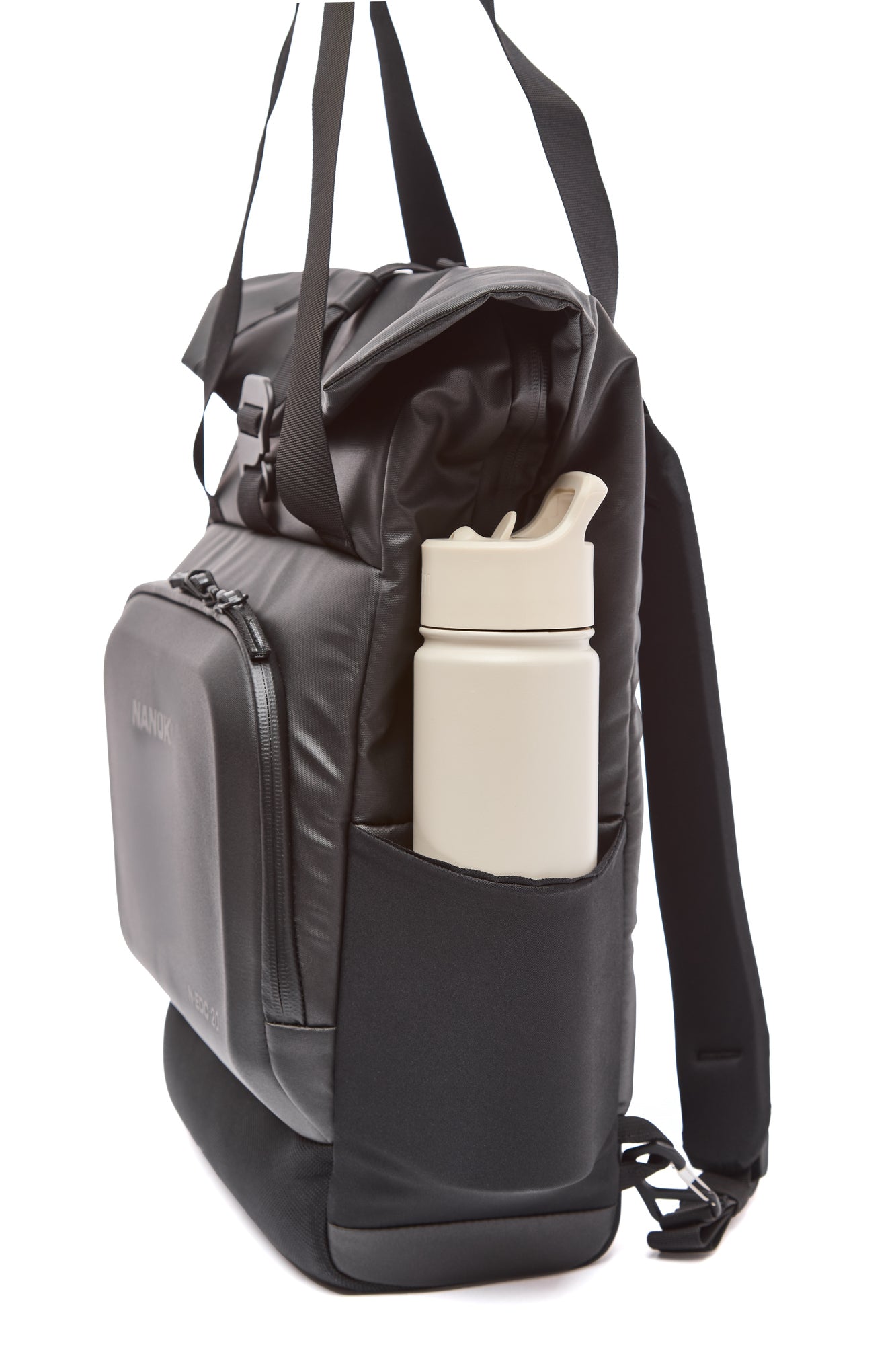 Gray backpack with a water bottle in a pocket on a white background Gray backpack with a water bottle in a pocket on a white background