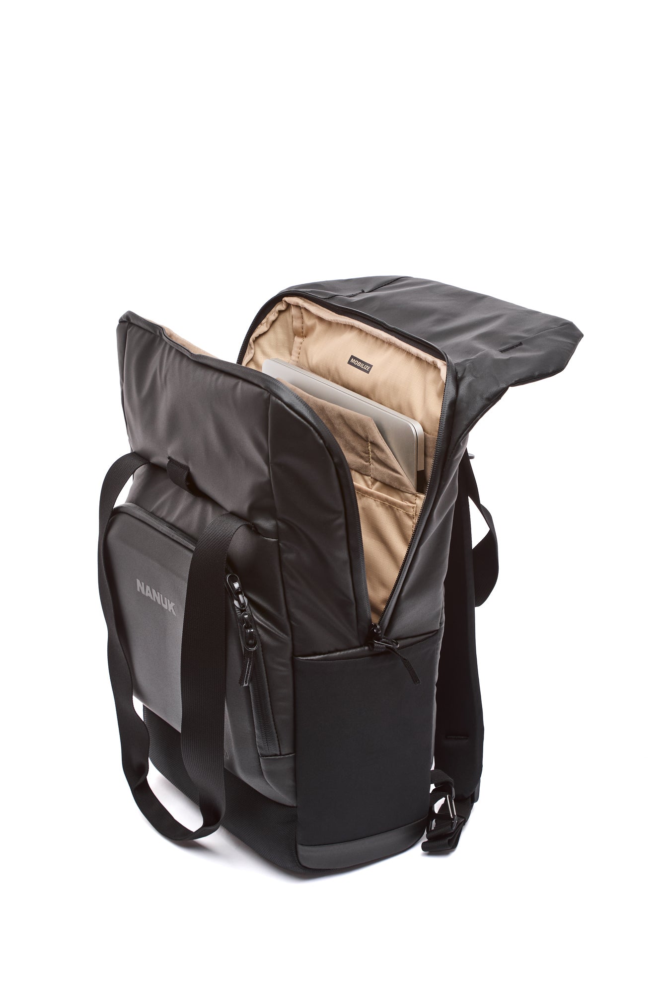 Black backpack with open front compartment on a white background Black backpack with open front compartment on a white background