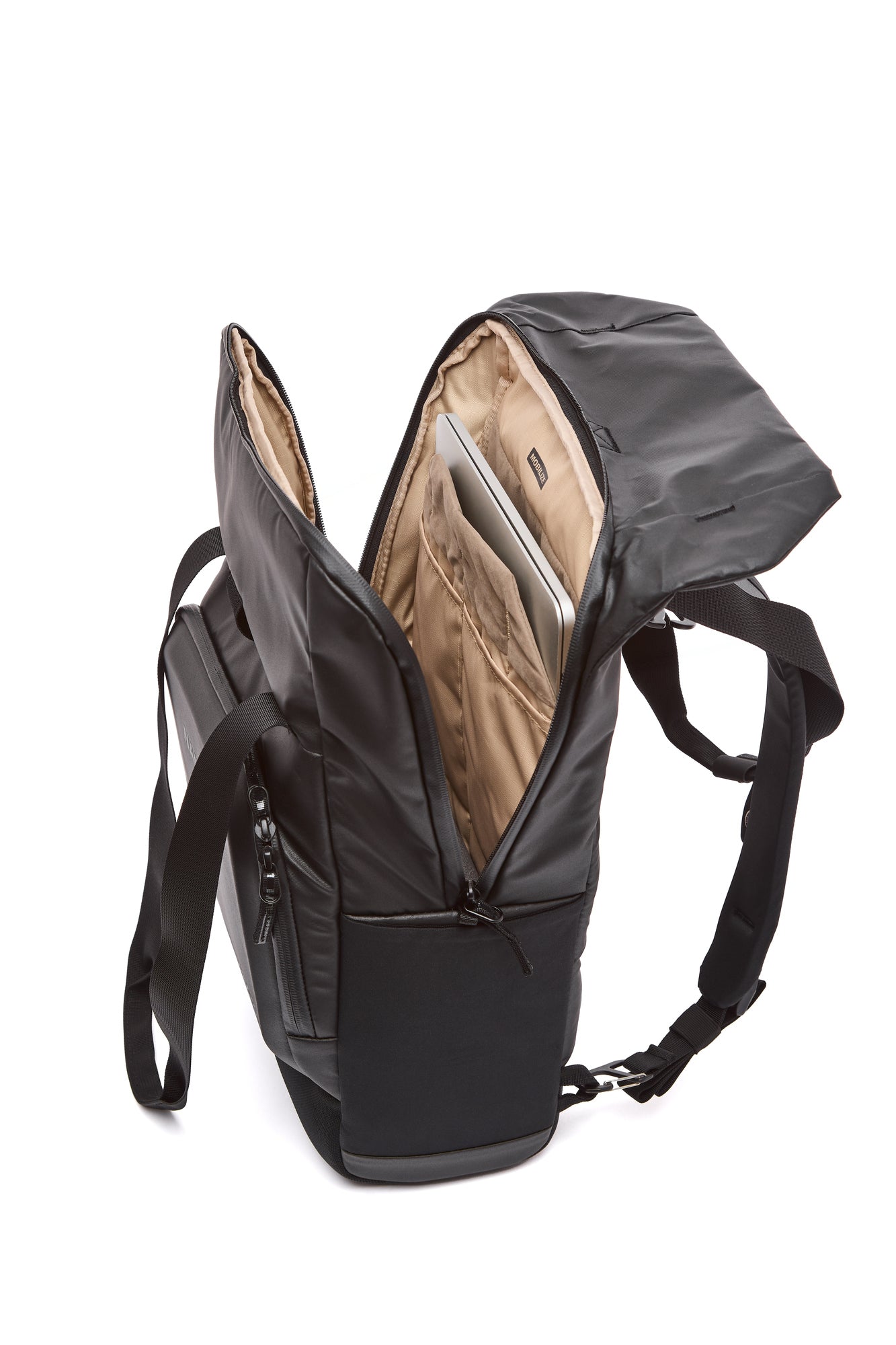 Black backpack with open front compartment on a white background Black backpack with open front compartment on a white background