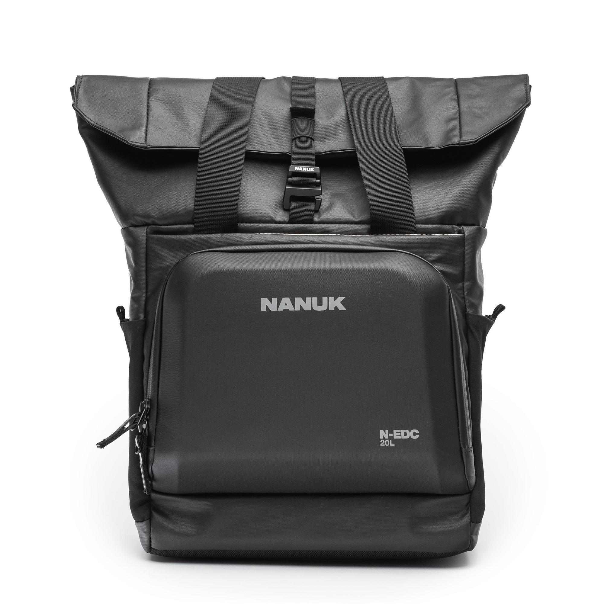 Black backpack with visible brand name on a white background Black backpack with visible brand name on a white background