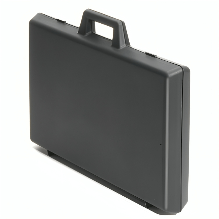 Black rectangular hard-shell case with a handle on a white background Black rectangular hard-shell case with a handle on a white background