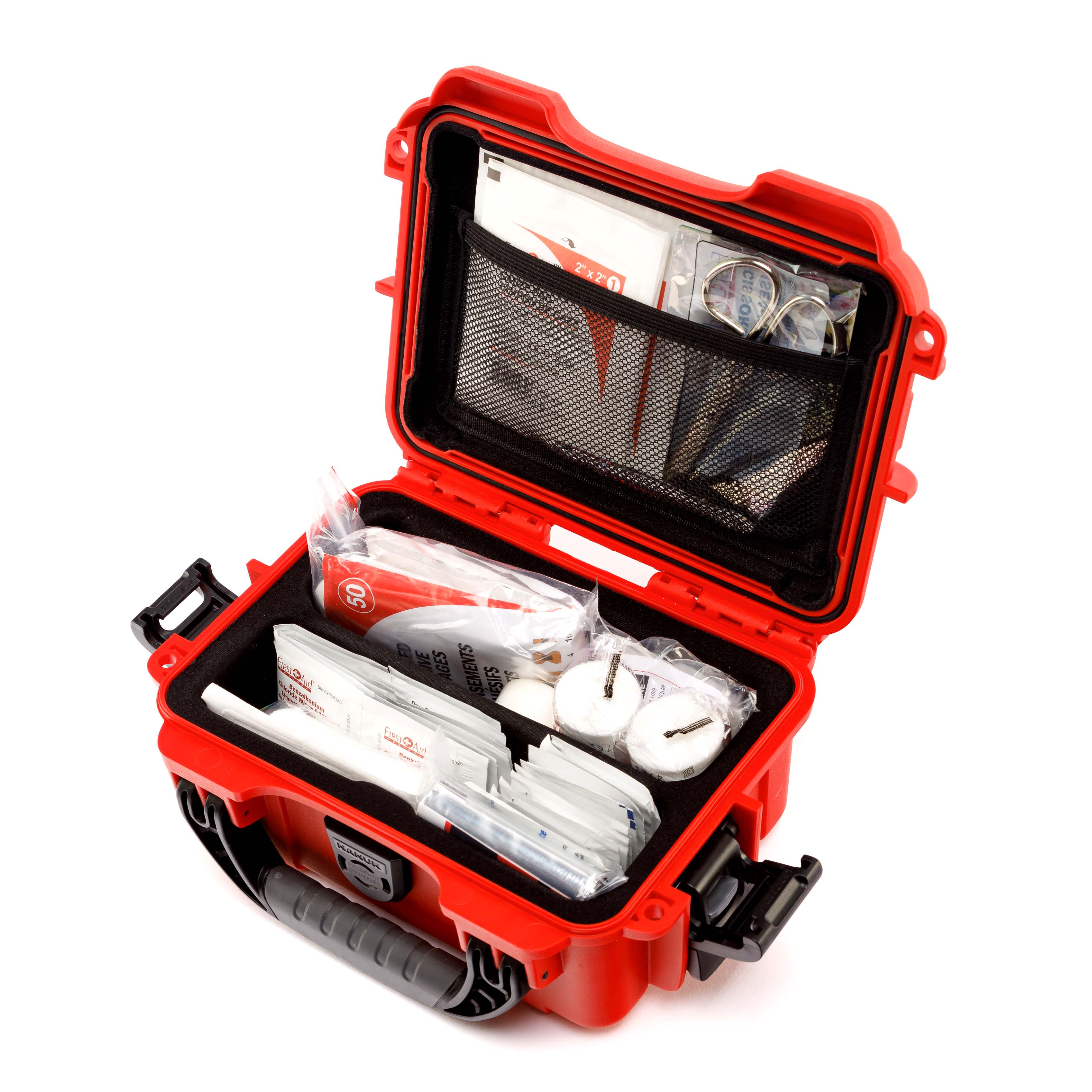 Studio image of an open NANUK First Aid Case showing neatly packed emergency medical supplies.