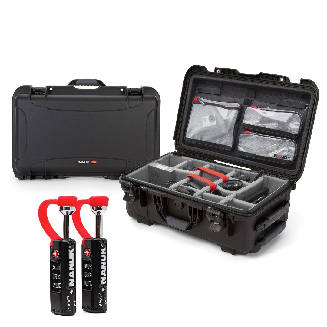Black protective case with red accents and two black cylindrical devices on a white background Black protective case with red accents and two black cylindrical devices on a white background