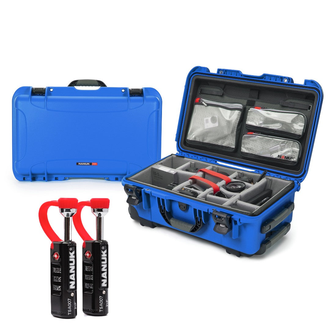 Blue protective case with interior organization and two red handles on a white background Blue protective case with interior organization and two red handles on a white background
