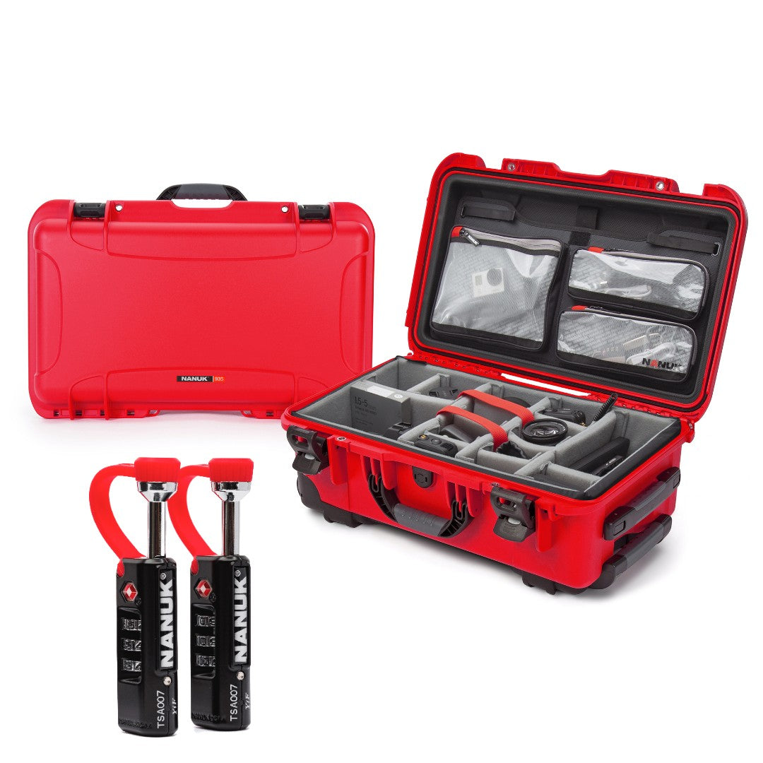 Red protective case with interior organization and two black cylindrical items on a white background Red protective case with interior organization and two black cylindrical items on a white background