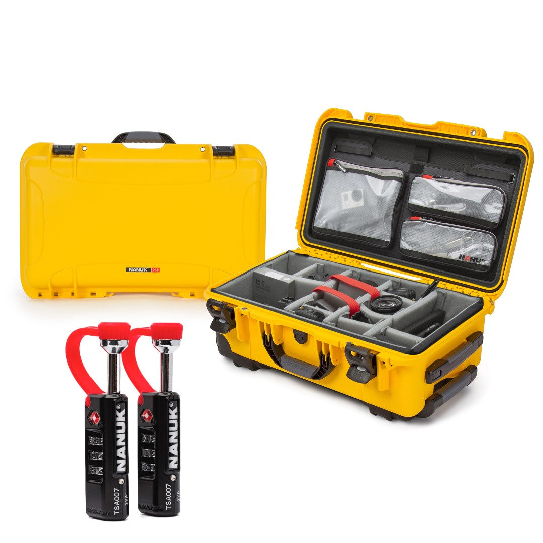 Yellow protective case with interior organization and two black devices with red handles on a white background. Yellow protective case with interior organization and two black devices with red handles on a white background.