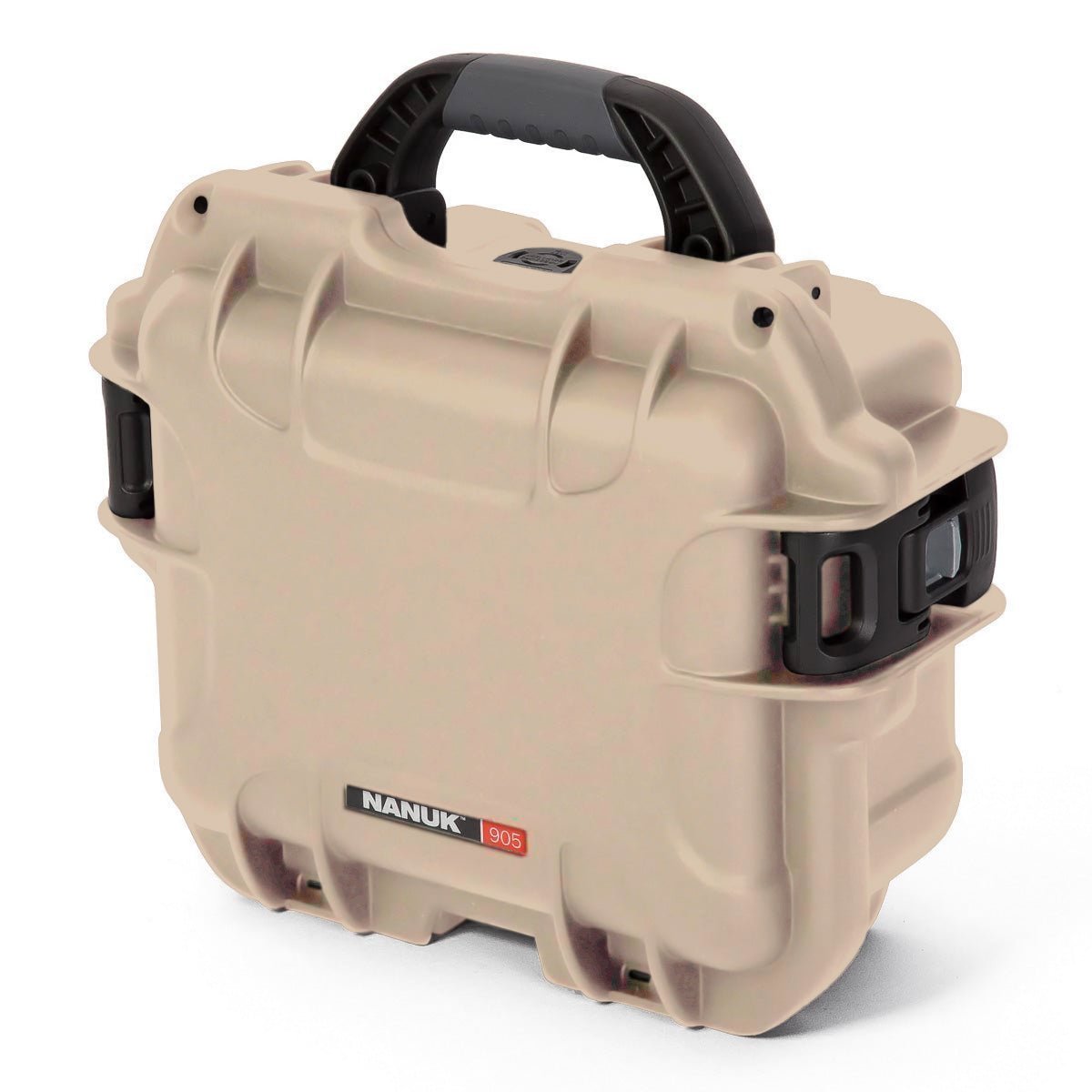 Beige protective case with black handle and NANUK branding on a white background Beige protective case with black handle and NANUK branding on a white background