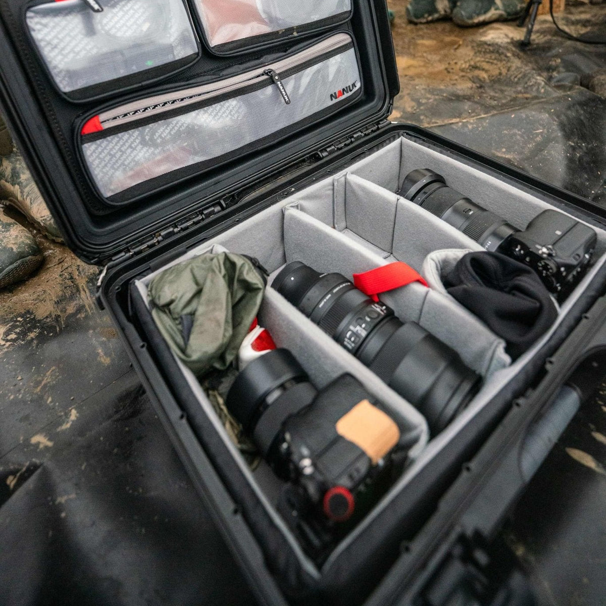 Camera equipment in a black protective case with a blurred background Camera equipment in a black protective case with a blurred background