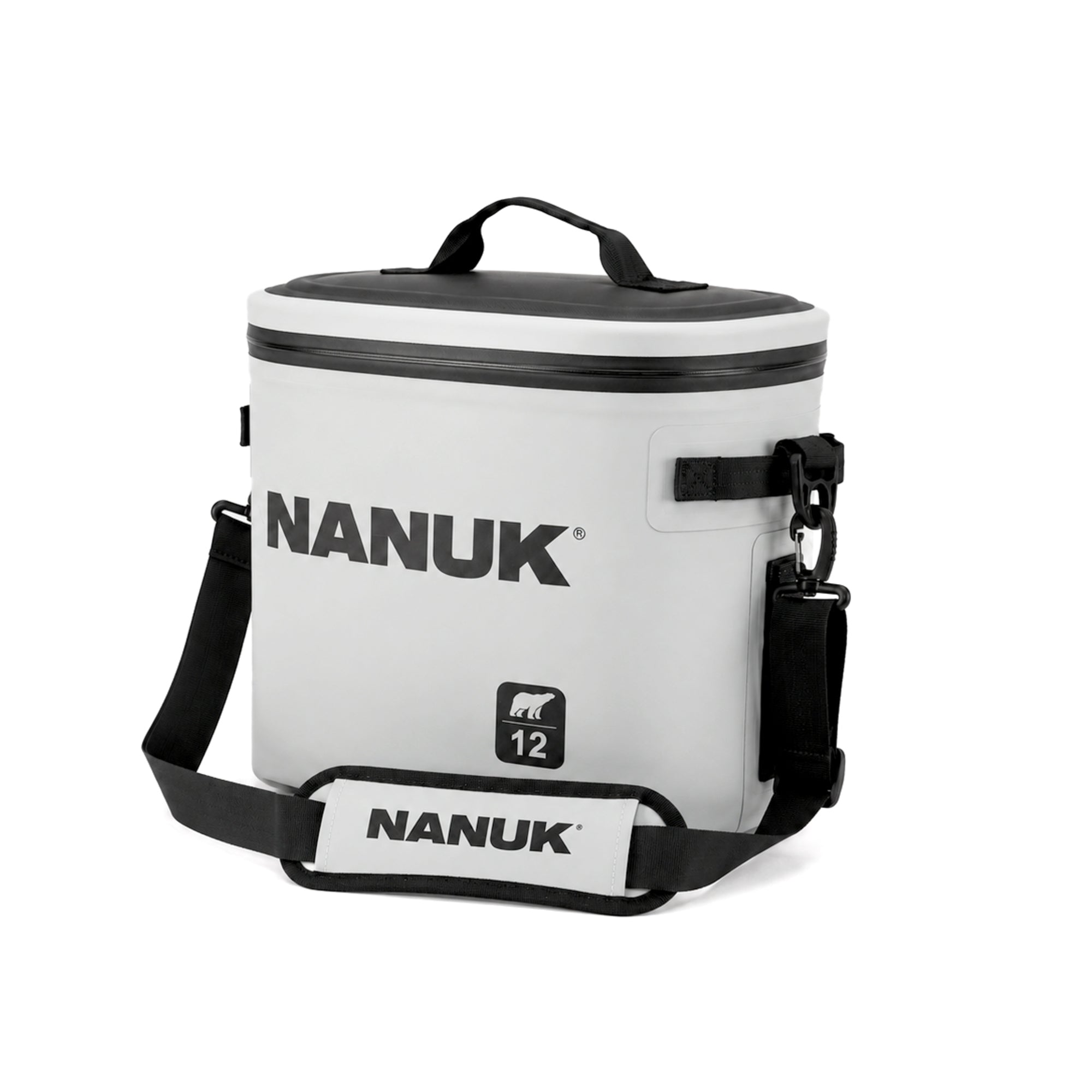 White Nanuk cooler bag with black accents on a white background White Nanuk cooler bag with black accents on a white background