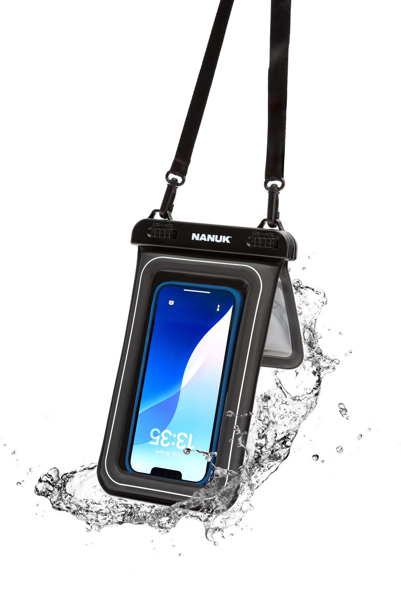 Nanuk phone case with a smartphone inside, splashing water effect on a white background Nanuk phone case with a smartphone inside, splashing water effect on a white background