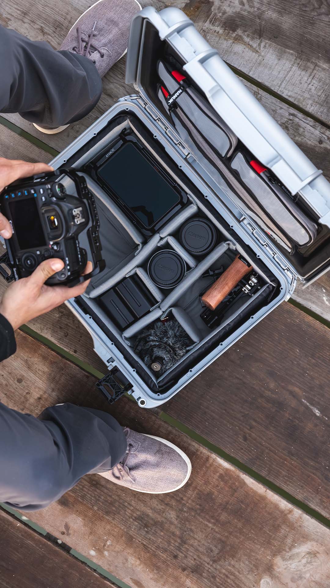 Camera and accessories in a protective case on wooden steps