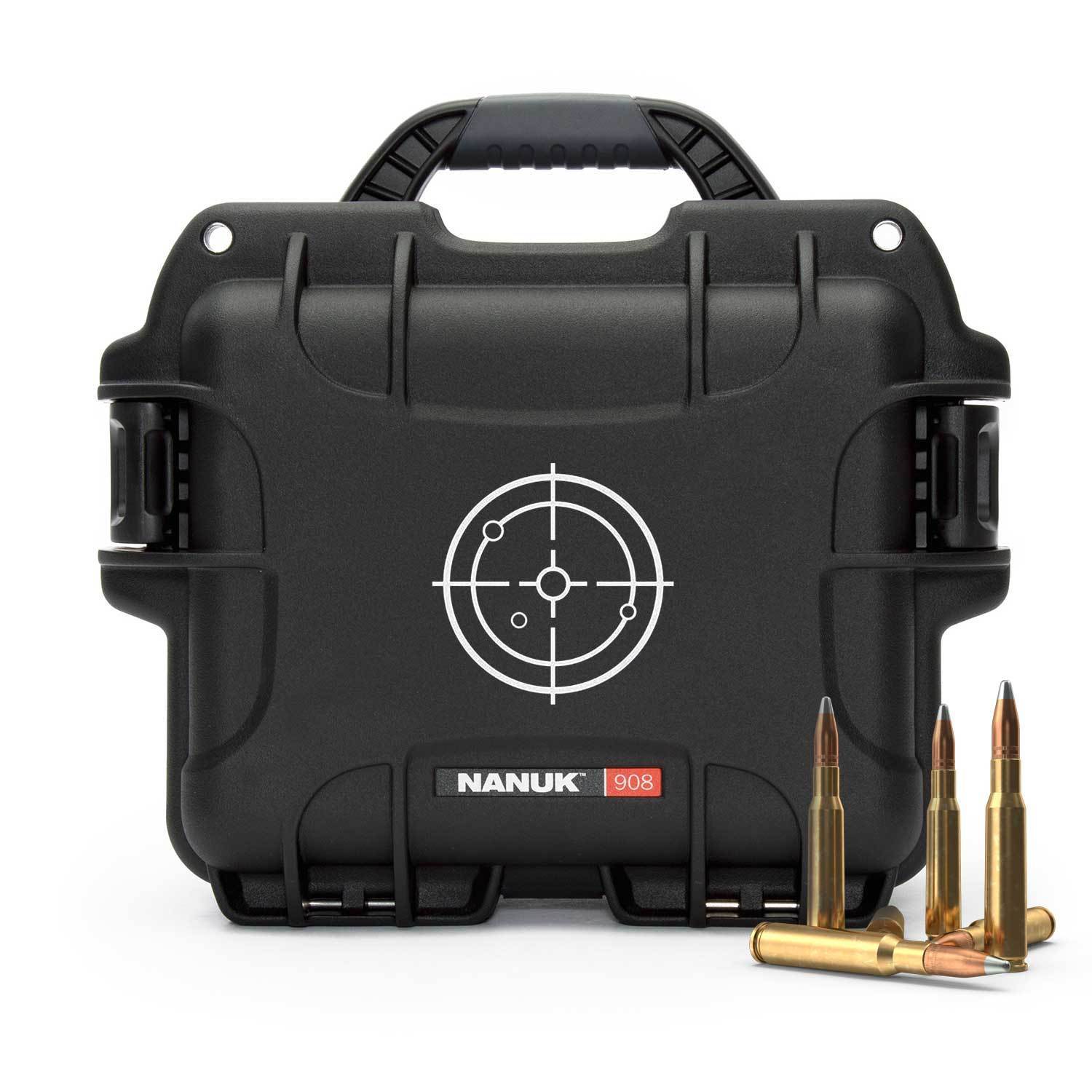 Black NANUK hard-shell case with a target symbol and bullets on a white background