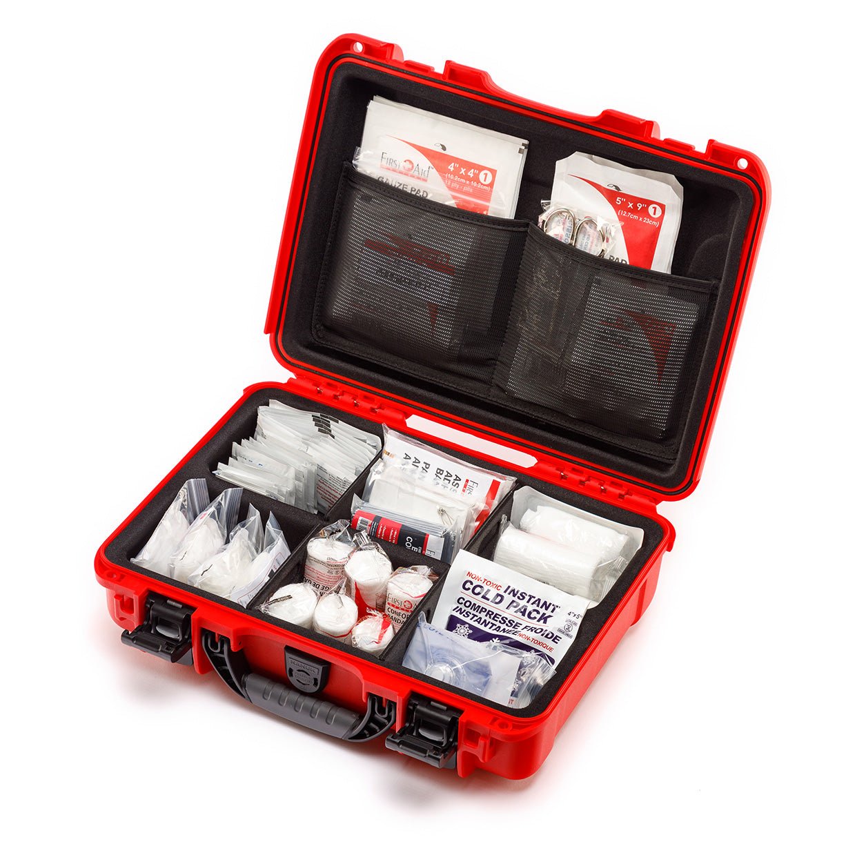 A red NANUK hard case first aid kit open, showing various medical supplies organized within compartments. A red NANUK hard case first aid kit open, showing various medical supplies organized within compartments.