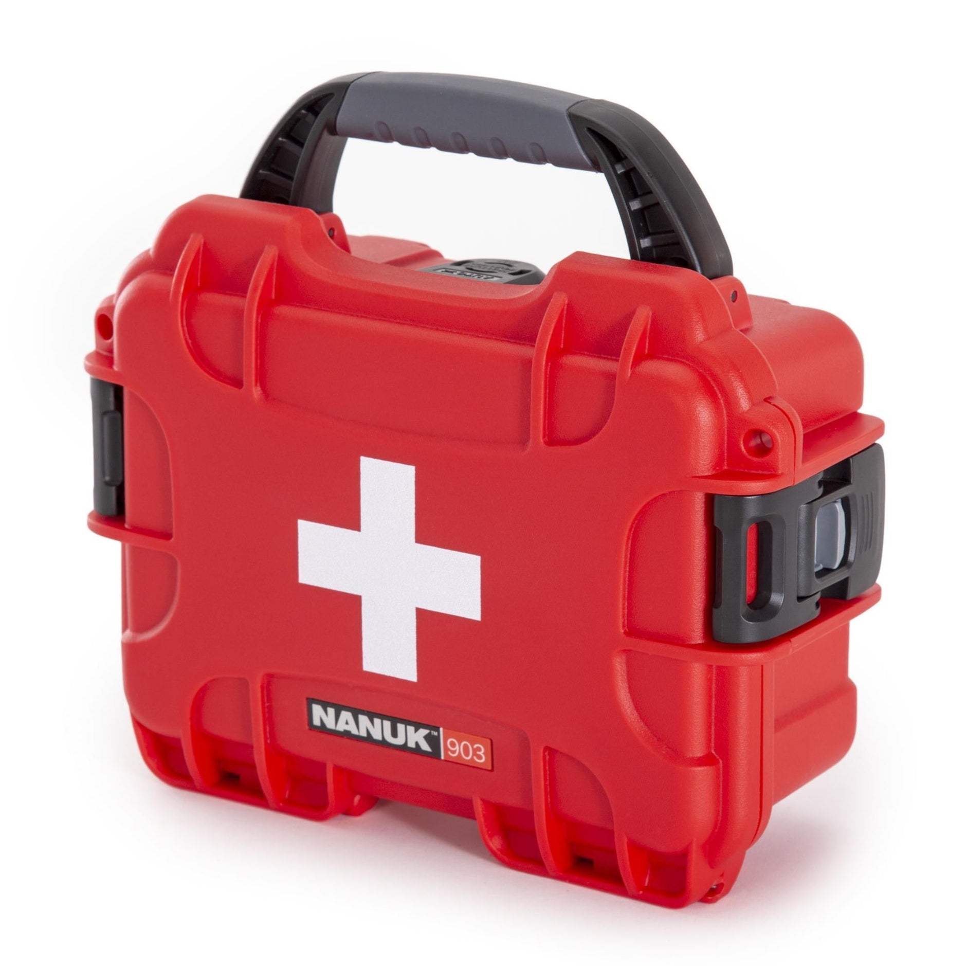 Red first aid kit with a white cross and 'Nanuk' branding on a white background Red first aid kit with a white cross and 'Nanuk' branding on a white background