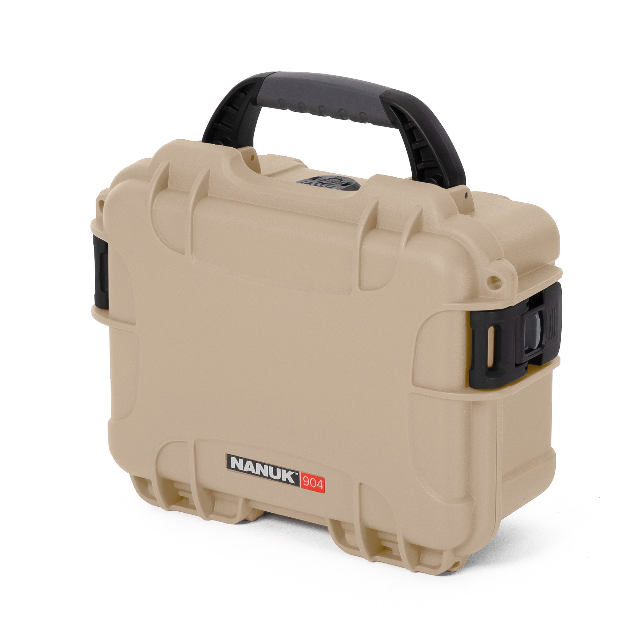 Tan NANUK 904 waterproof hard case with a black ergonomic handle and latching system. Tan NANUK 904 waterproof hard case with a black ergonomic handle and latching system.