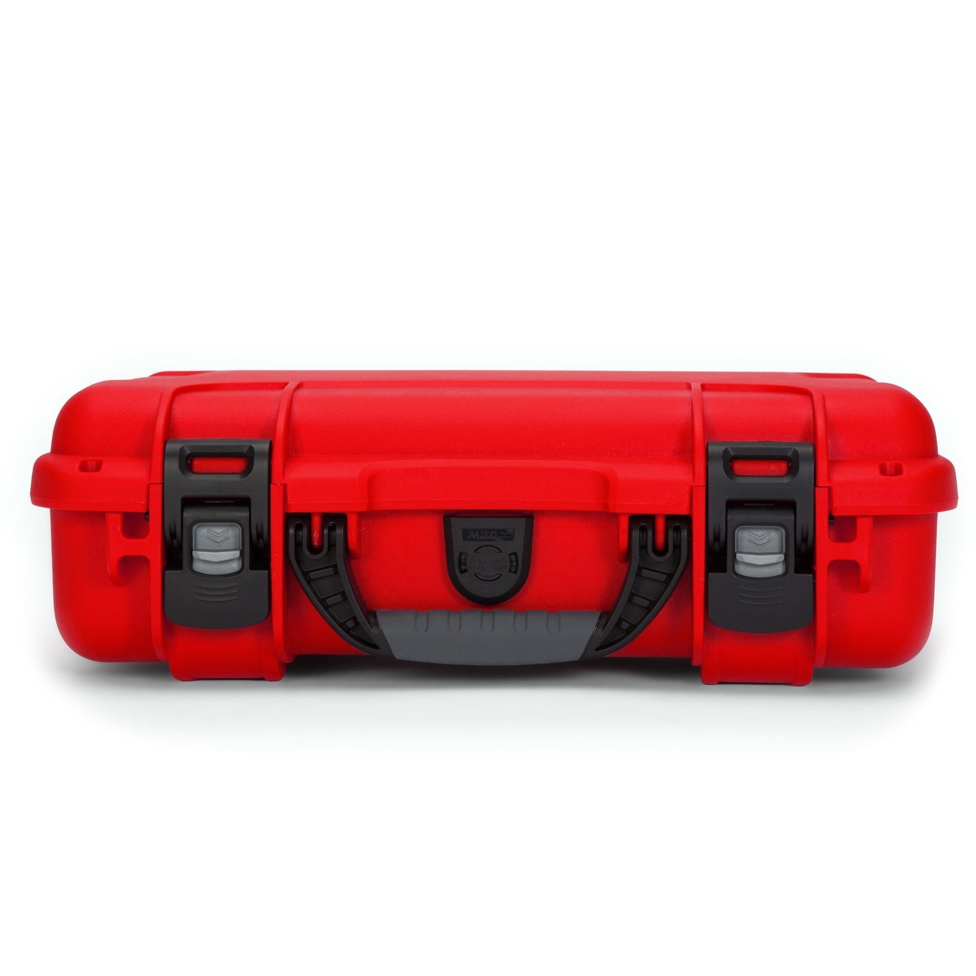Red hard-shell case with black straps on a white background Red hard-shell case with black straps on a white background