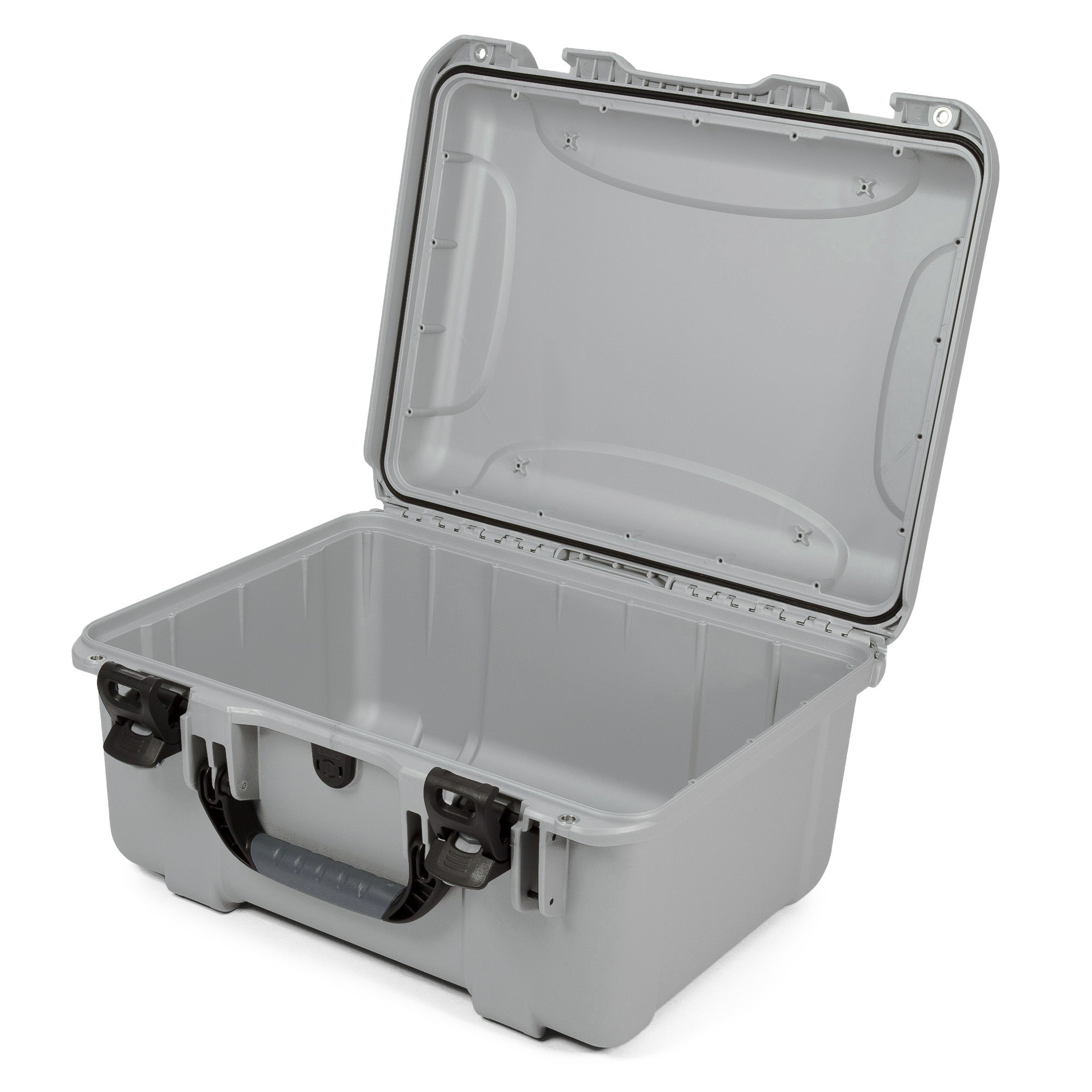 Gray hard-shell protective case with open lid on a white background Gray hard-shell protective case with open lid on a white background