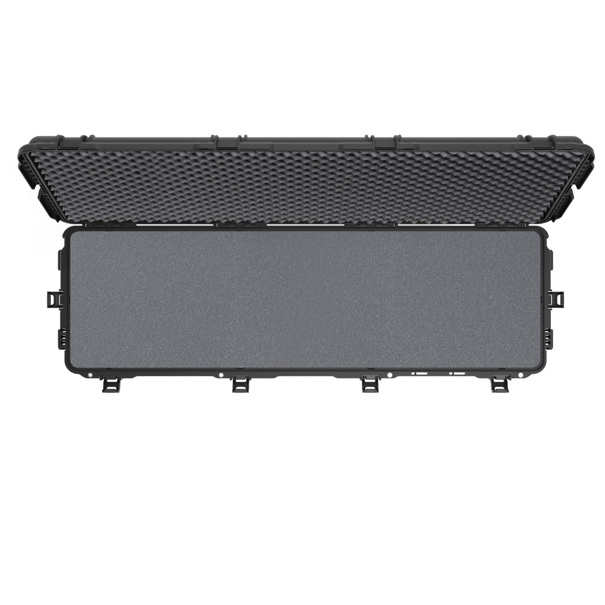 Black protective case with foam lining on a white background Black protective case with foam lining on a white background