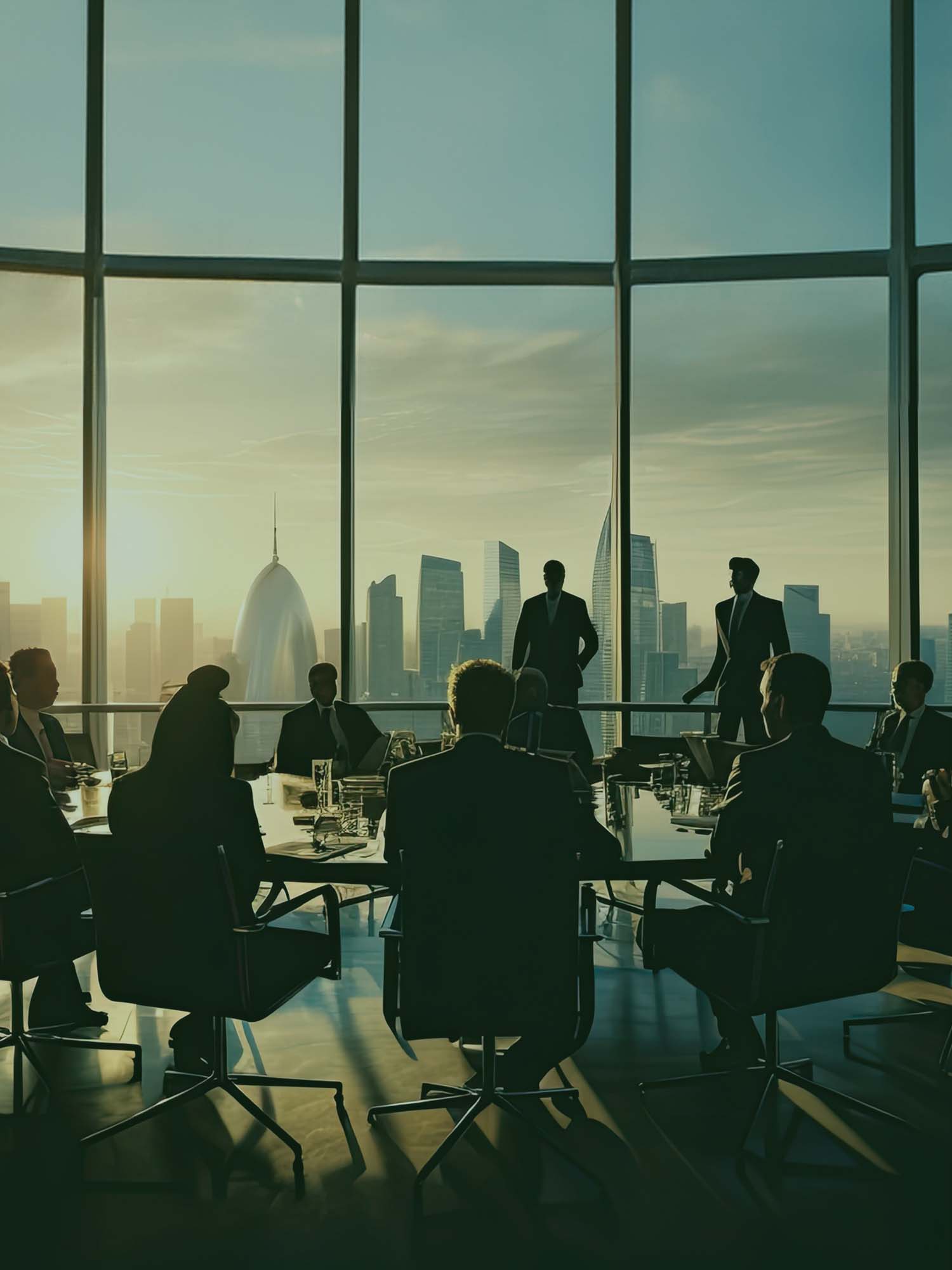 Corporate meeting with a city skyline background, highlighting NANUK's commitment to sustainability.