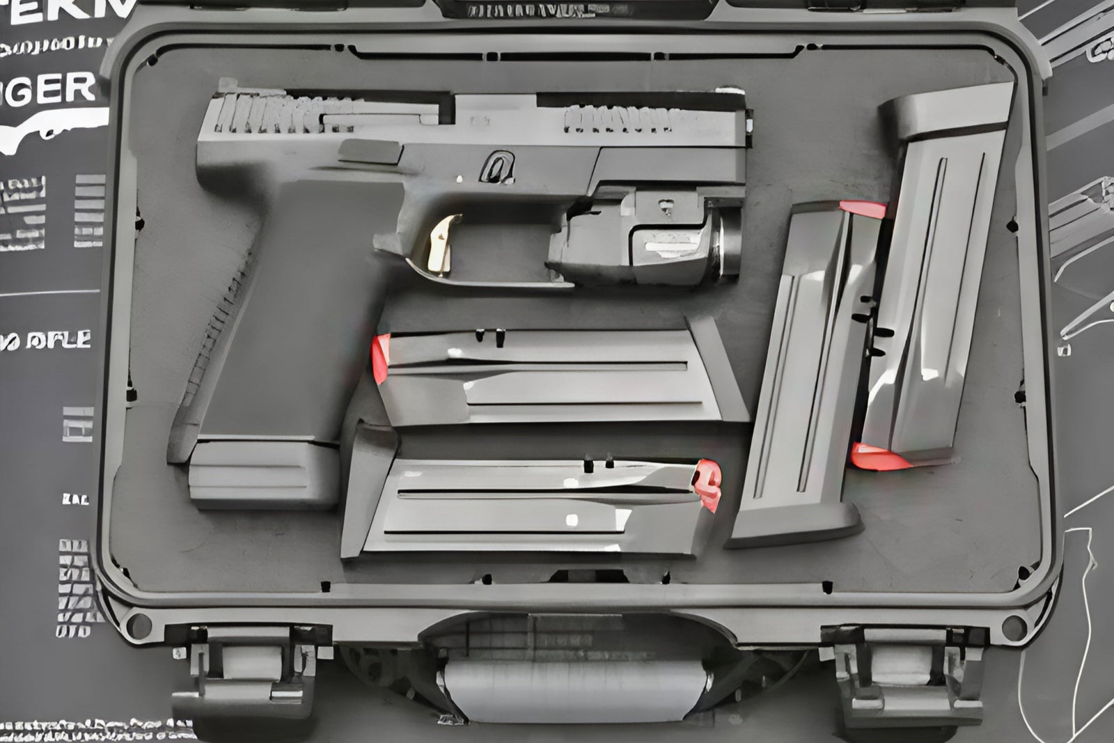 Weapon set with a handgun, optics, and magazines in a case on a tactical background.