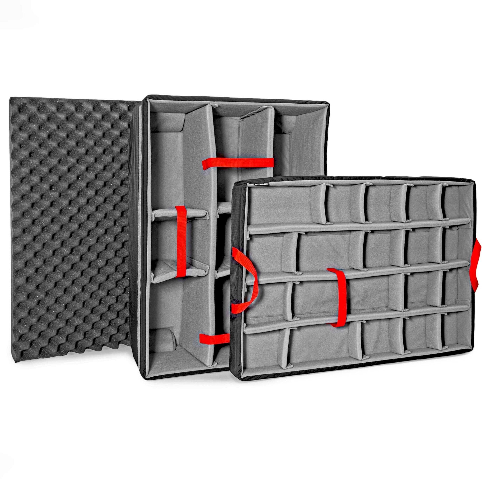 Gray foam organizer with red straps on a white background Gray foam organizer with red straps on a white background