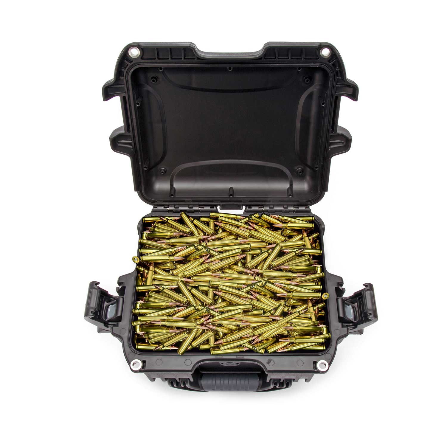 Black hard-shell case filled with ammunition on a white background Black hard-shell case filled with ammunition on a white background