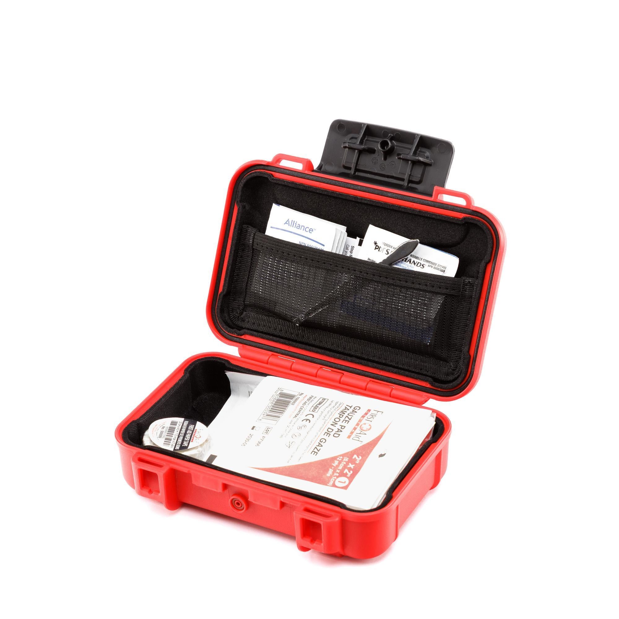 Red protective case with open lid showing compartments on a white background
