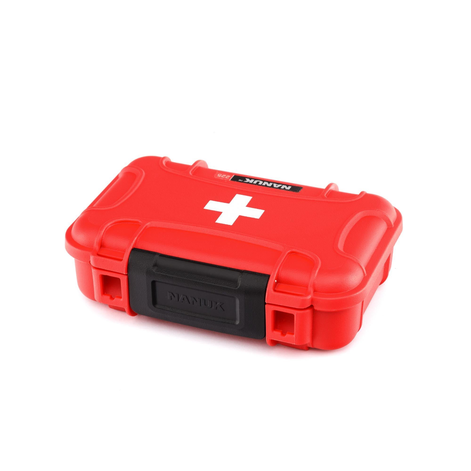 Red first aid kit with a white cross on a white background