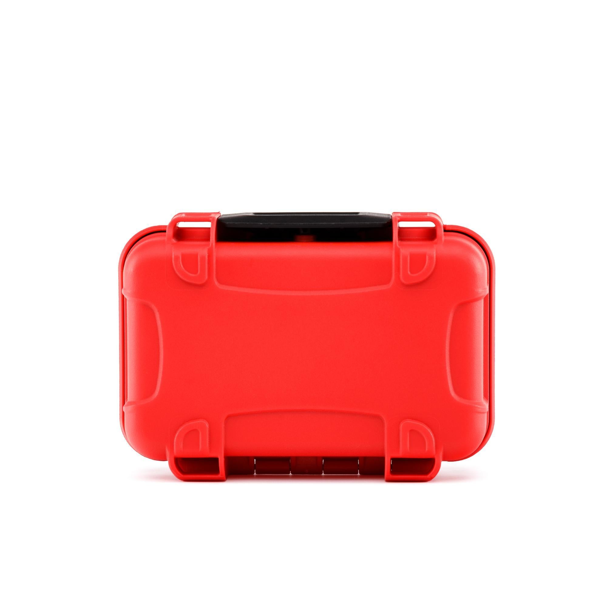 Red hard-shell case on a white background
