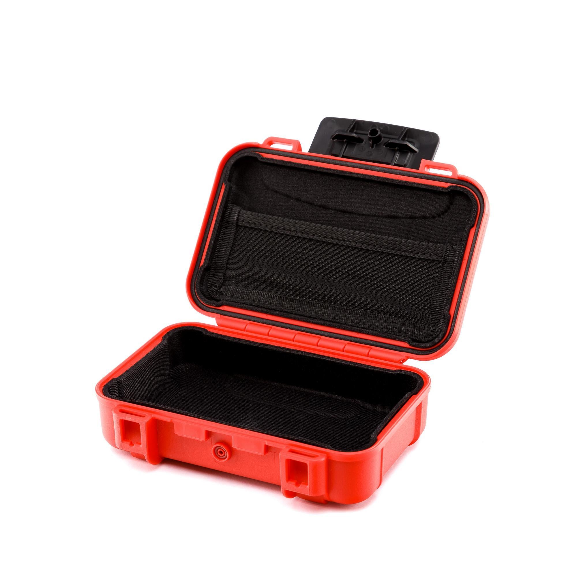 Red protective case with black interior on a white background