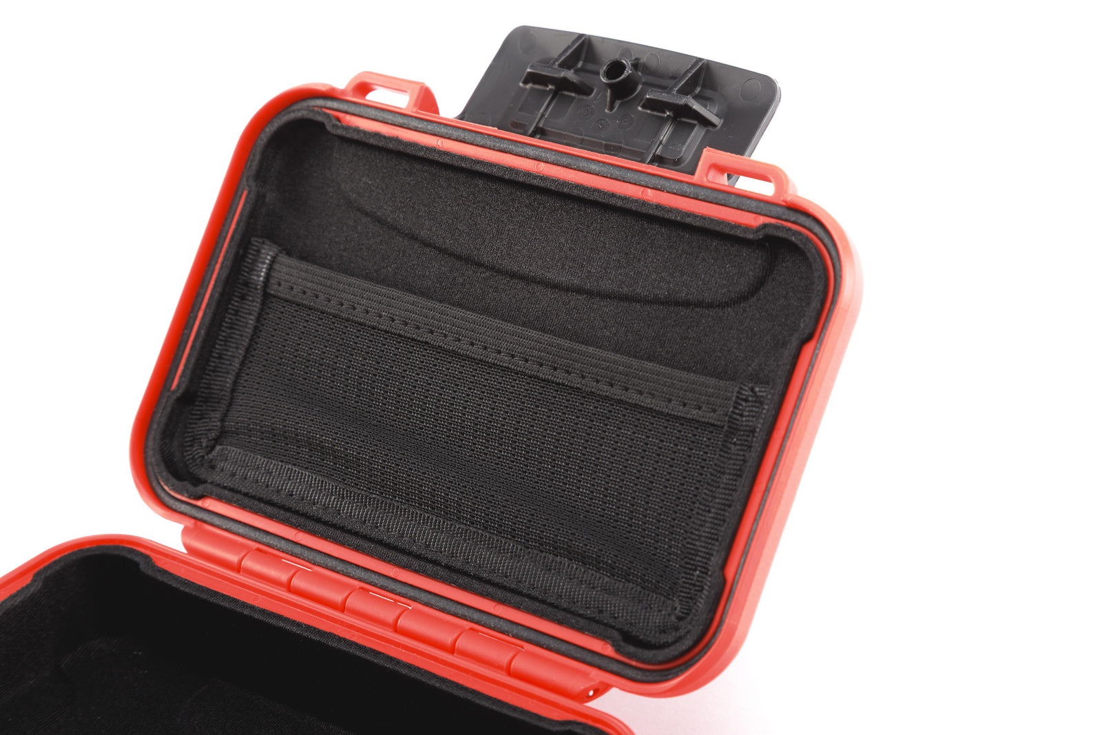 Red hard-shell case with black interior on a white background