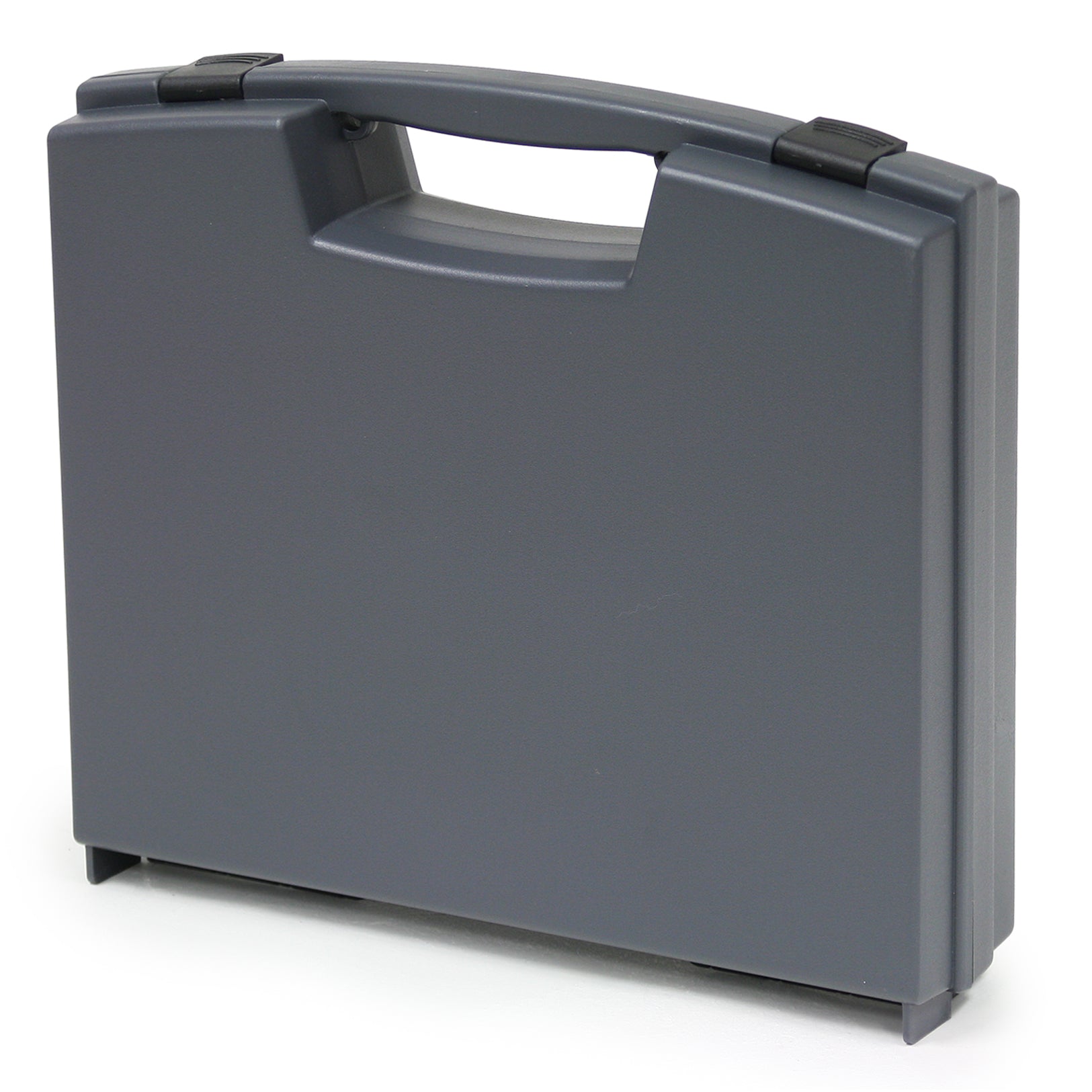 Gray plastic case with a handle on a white background