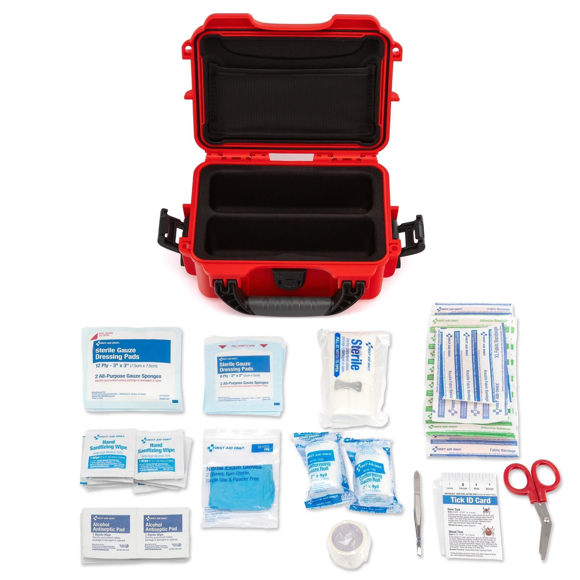 First aid kit with red case and contents on a white background