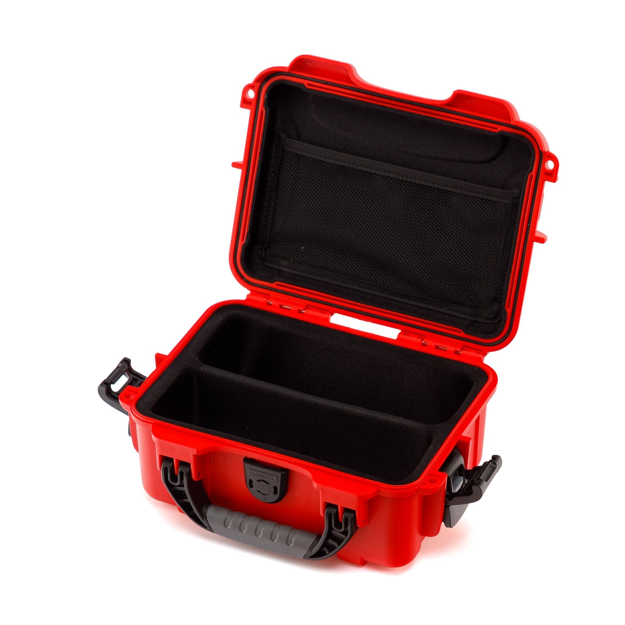Red hard-shell case with black interior on a white background