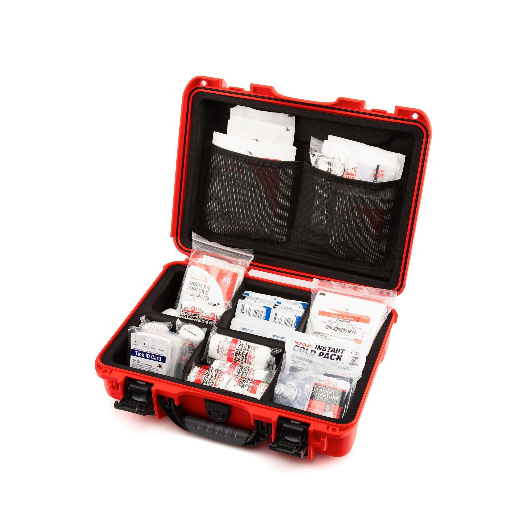 First aid kit with various supplies in a red case on a white background