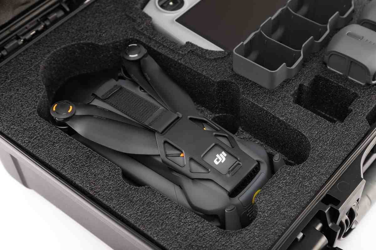 Black drone in a protective case with foam lining