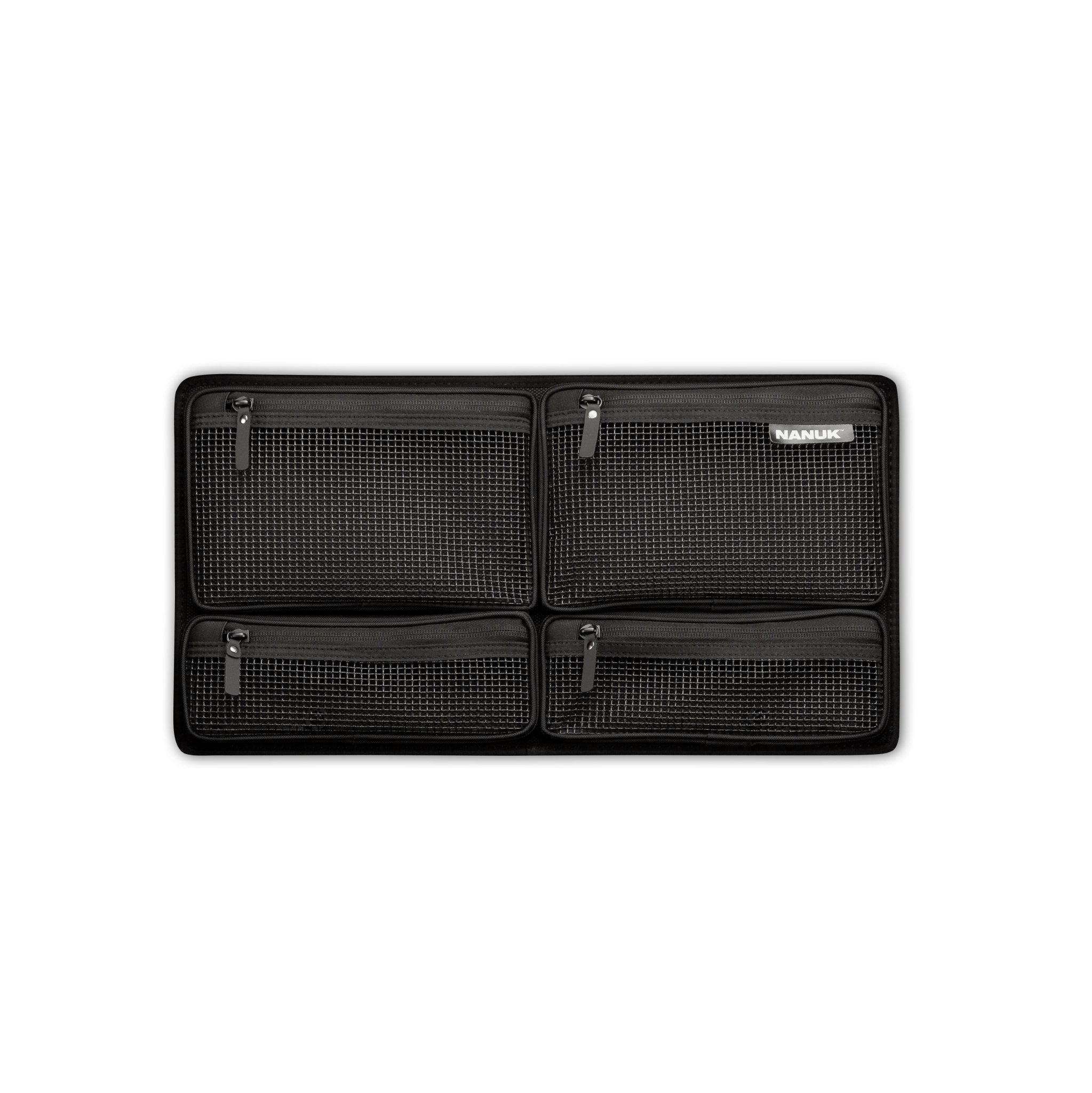 Black organizer with multiple compartments on a white background