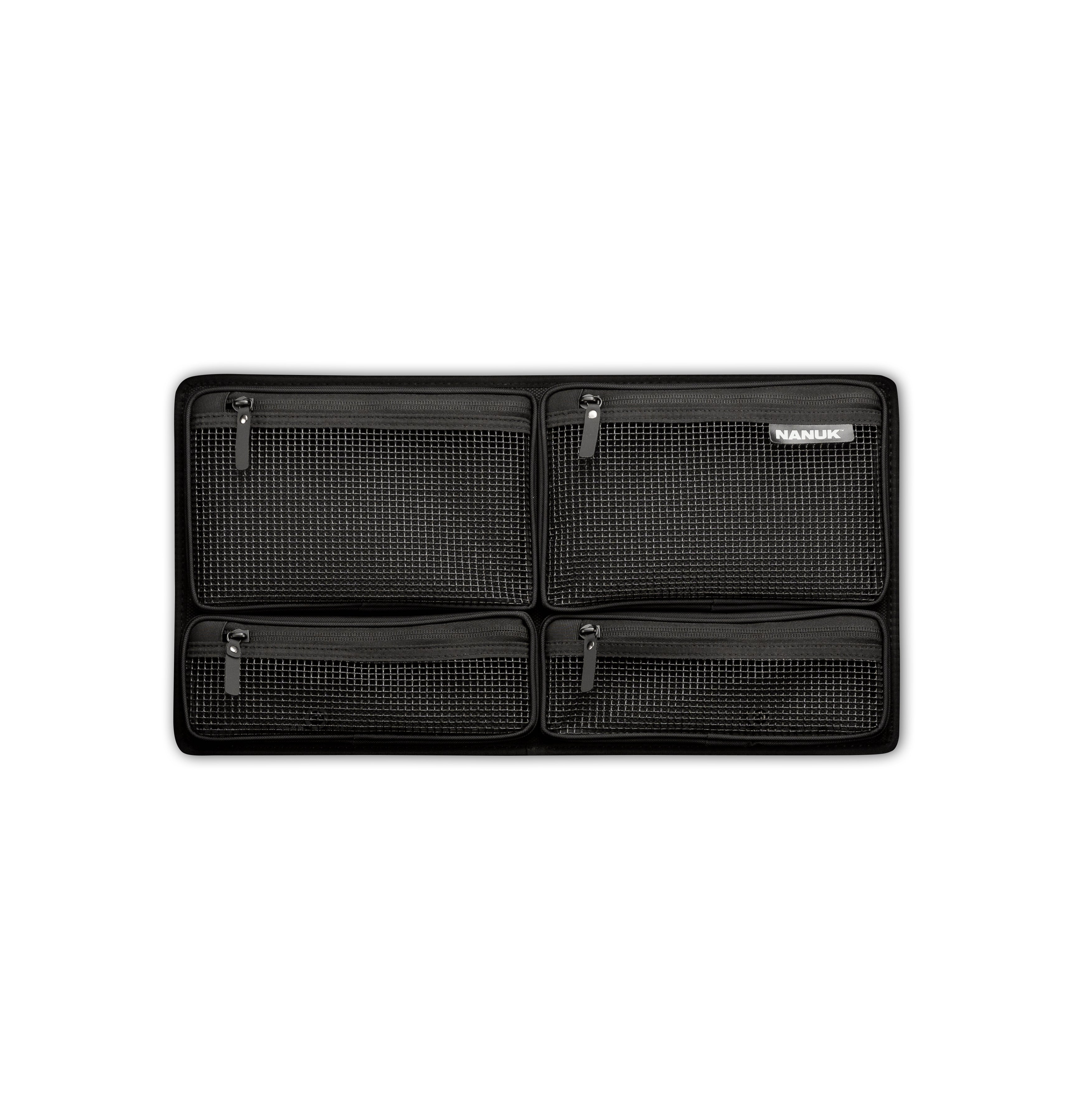 Black organizer with multiple compartments on a white background
